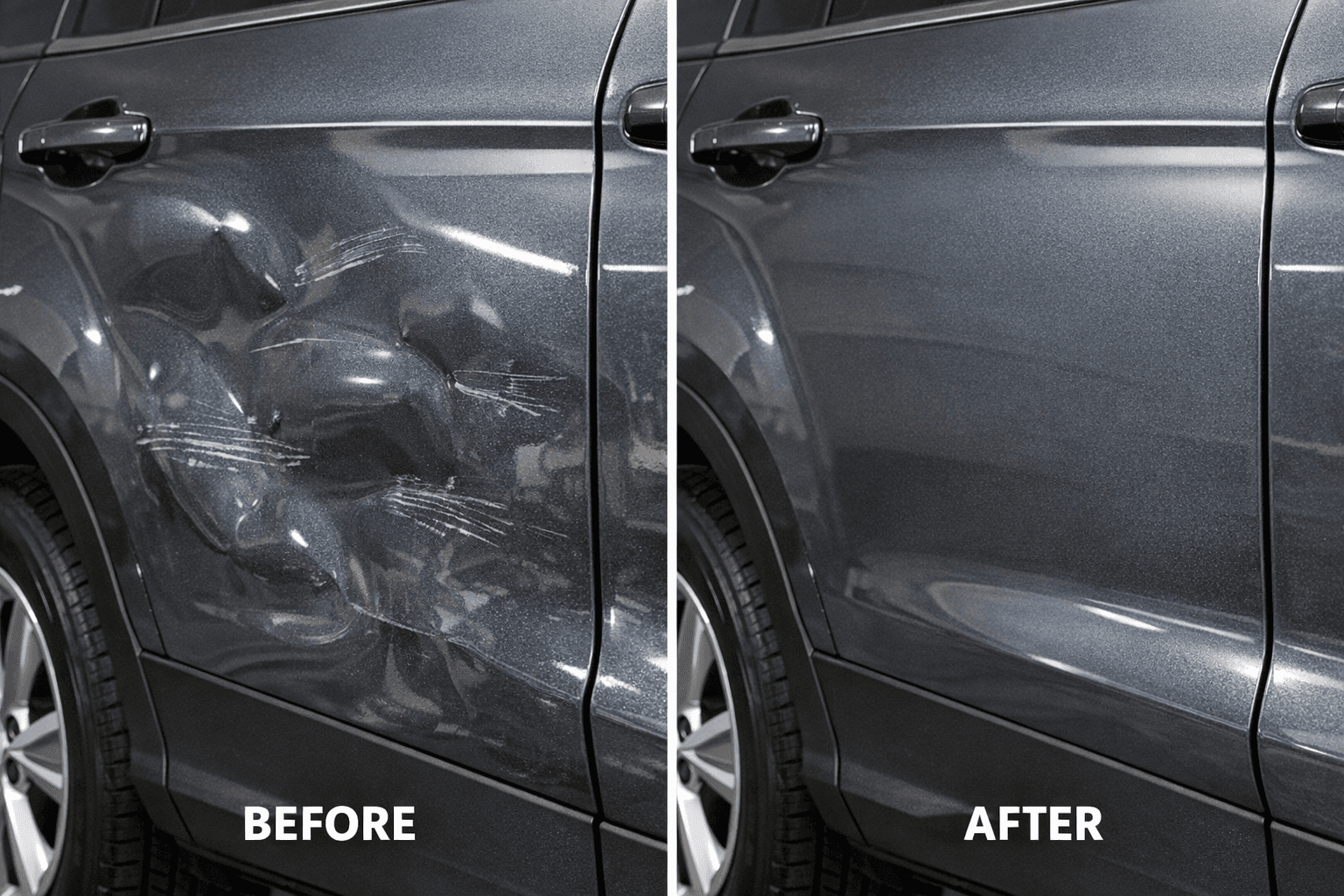Before and after dent repair on a car side panel showing visible dents and a smooth finish post-repair.