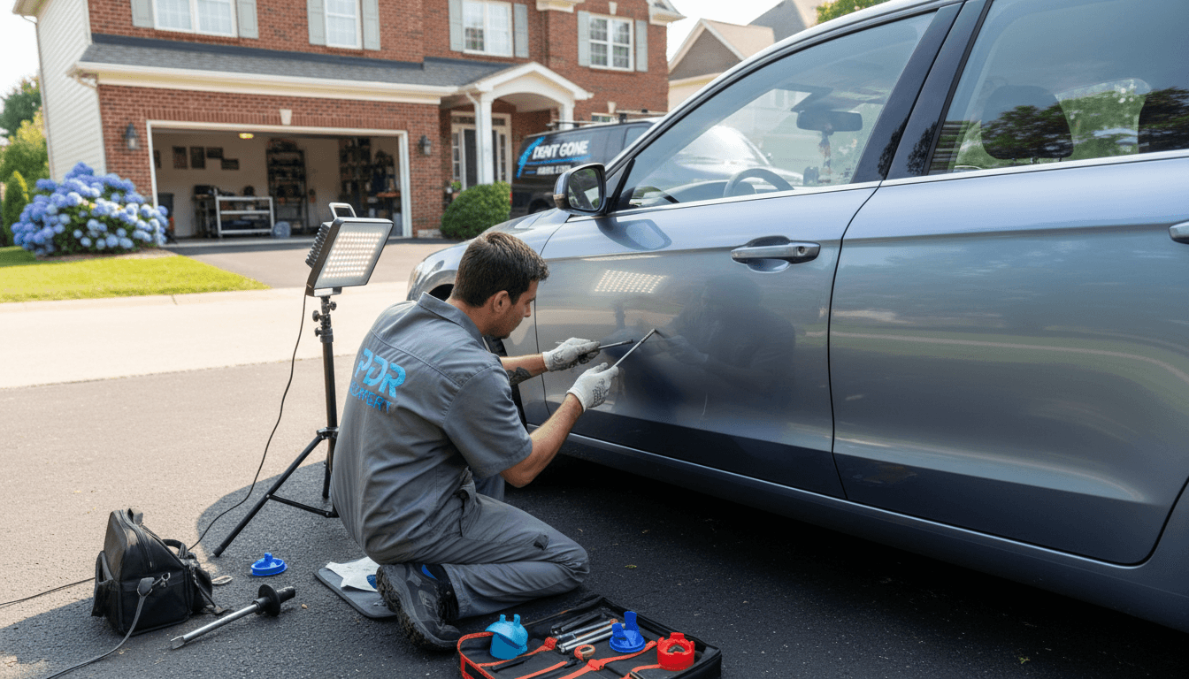 Expert technician using specialized tools to repair dent on car at customer's location