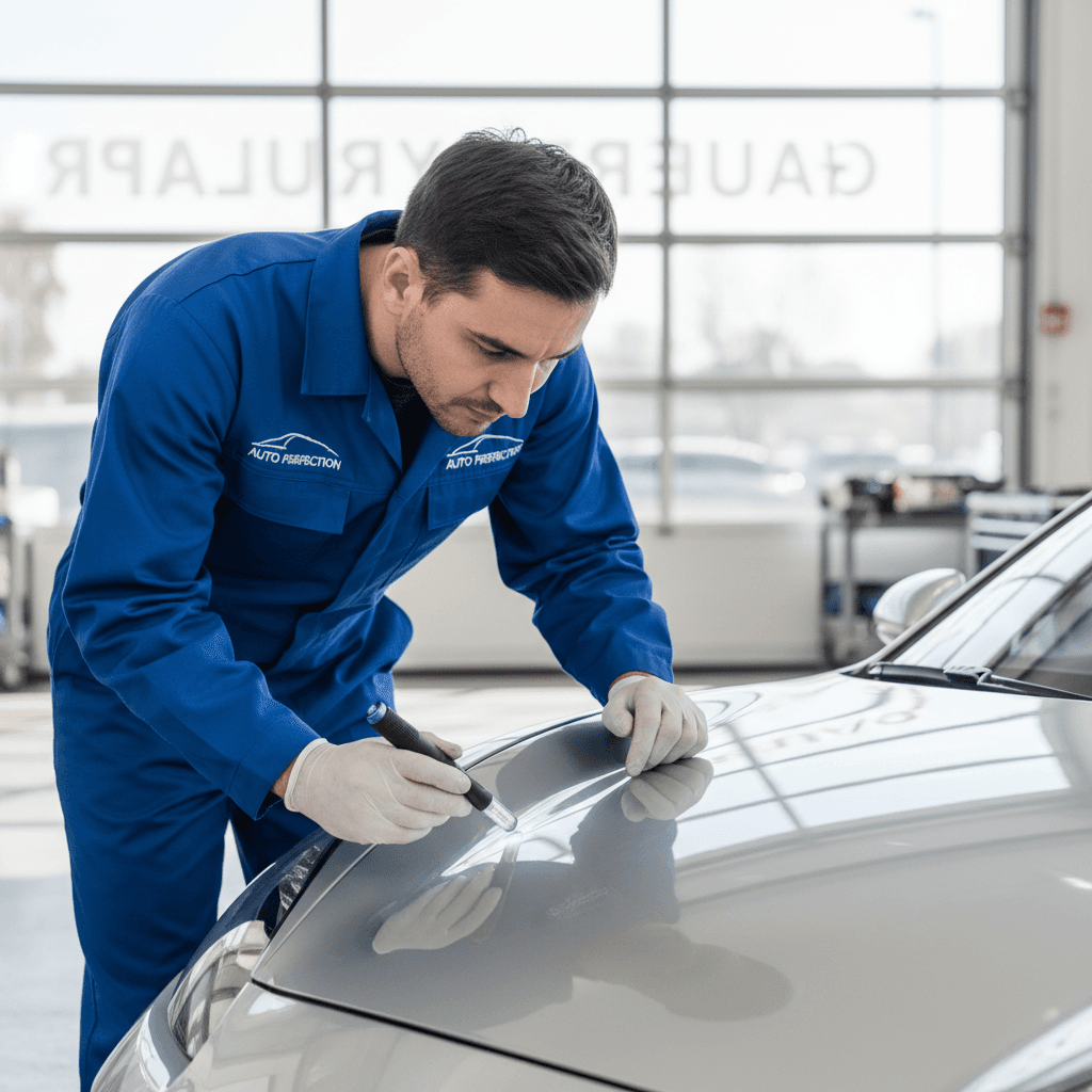 Auto body technician inspecting vehicle damage