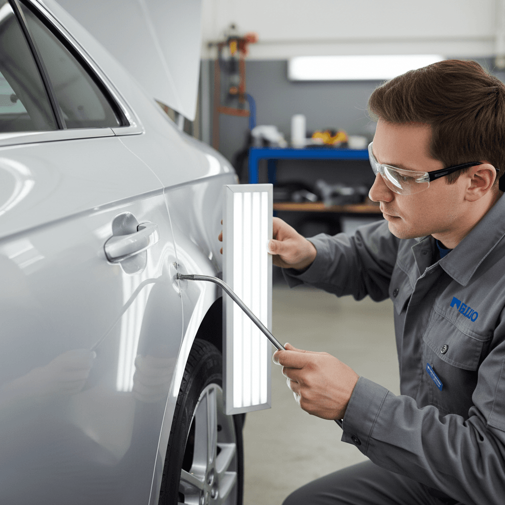 Paintless dent repair in progress