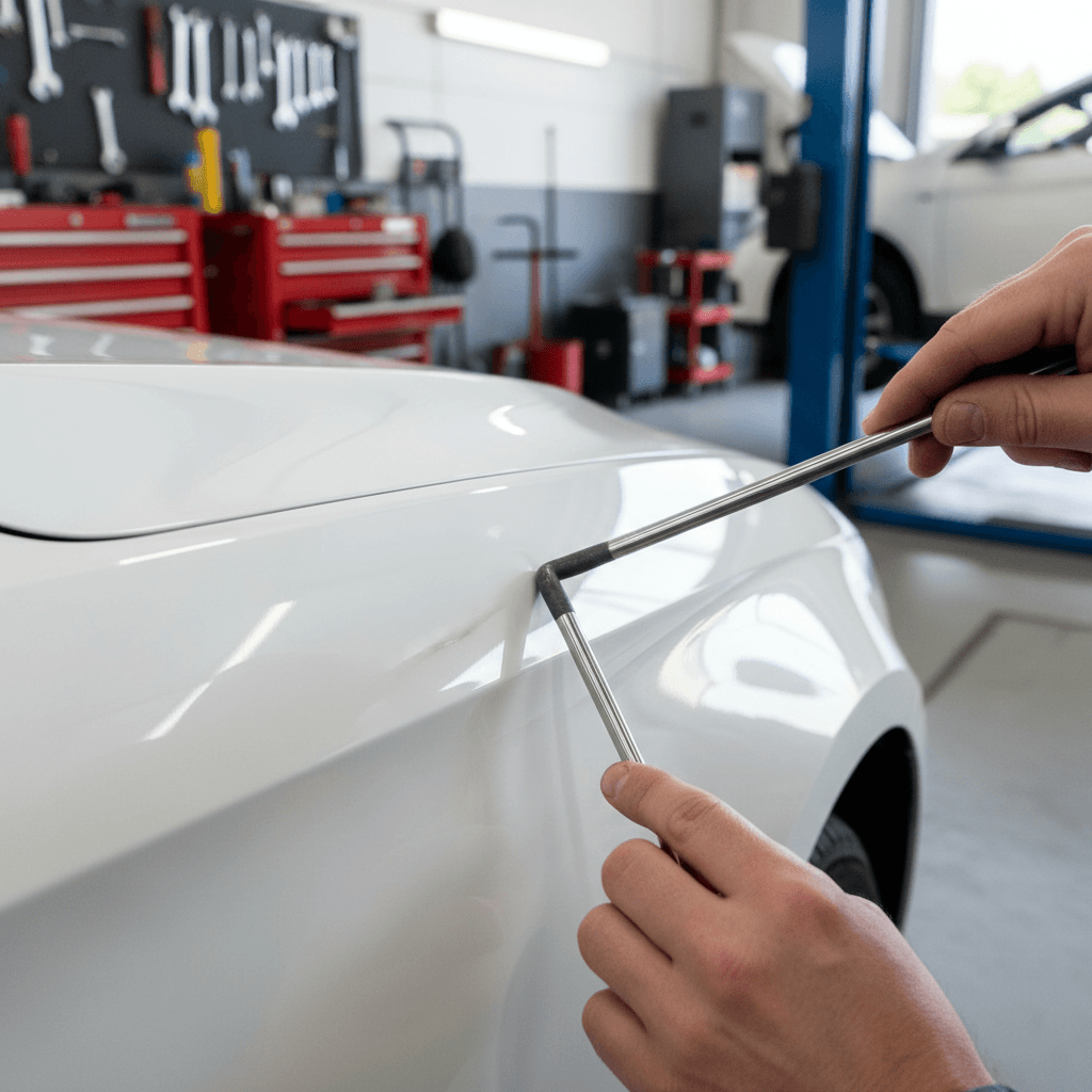 Auto body technician repairing a dent on a vehicle