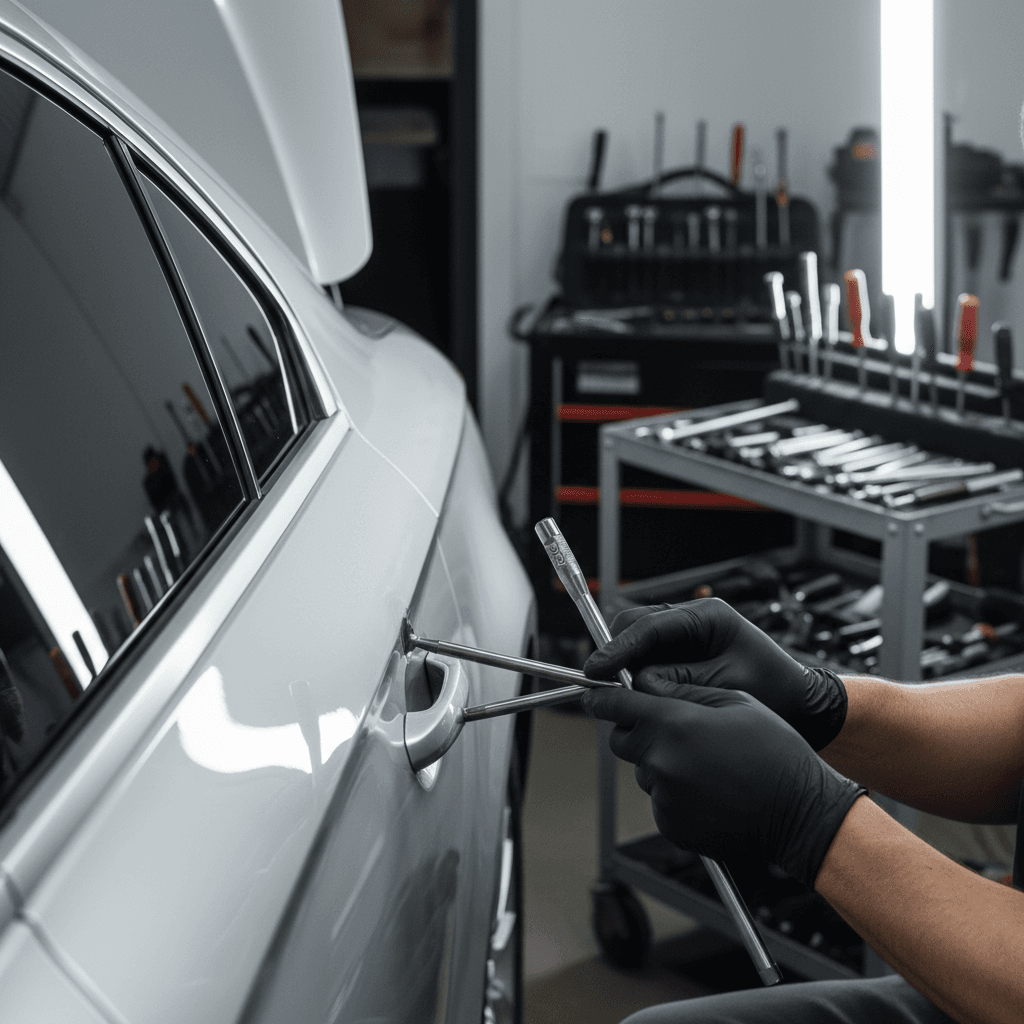 Professional mobile auto body repair in action