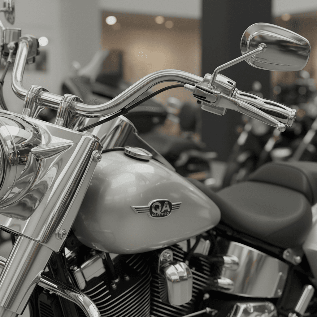 Close-up of polished motorcycle chrome handlebars and engine components reflecting professional studio lighting