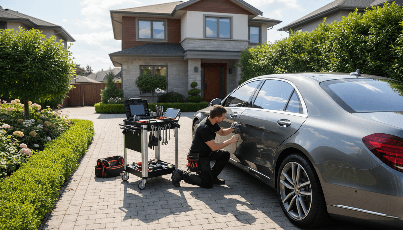 Mobile auto body repair technician performing paintless dent repair on vehicle
