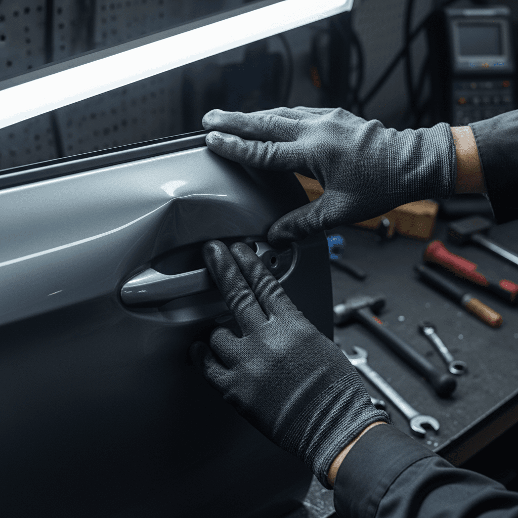 Dent busters technician inspecting vehicle damage